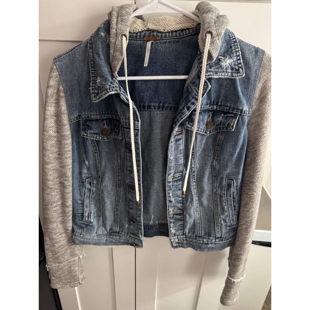 Free People Denim Hooded Jacket Blue Distressed Mixed Media Knit Sleeve Small